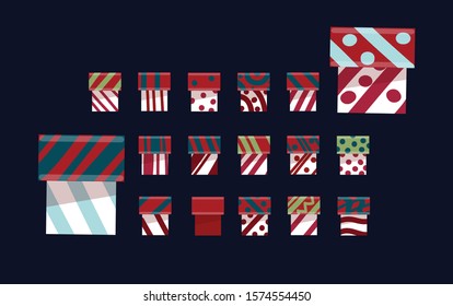 Set of multi-colored gift boxes. Collection of elements for creating a festive design. Isolated image on a black background. Vector graphics. Flat style