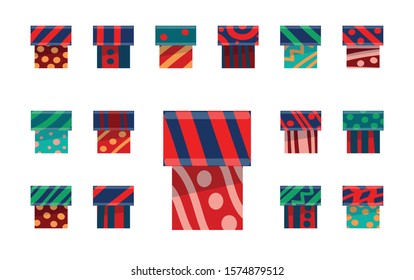 Set of multi-colored gift boxes. Collection of elements for creating a festive design. Isolated image on a white background. Vector graphics. Flat style