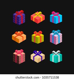 A set of multi-colored gift boxes with ribbons on a black background. Presents for holidays. Vector illustration.