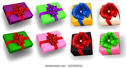Set of multicolored gift boxes with ribbons, bows and shadows