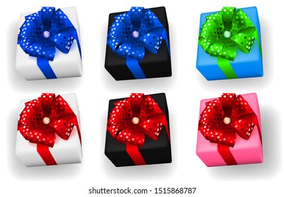Set of multicolored gift boxes with ribbons, bows and shadows