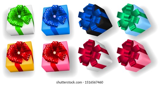 Set of multicolored gift boxes with ribbons, bows and shadows