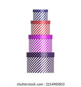 Set of multi-colored gift boxes of various sizes. Front view, 3D vector illustration.