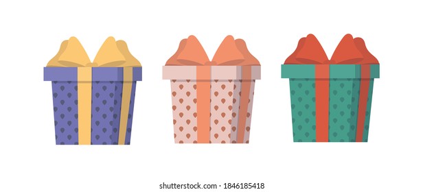 Set of multi-colored gifts in a flat style. Gift boxes. Suitable for designs on the theme of New Year, birthday or Valentine's Day. Isolated. Vector.