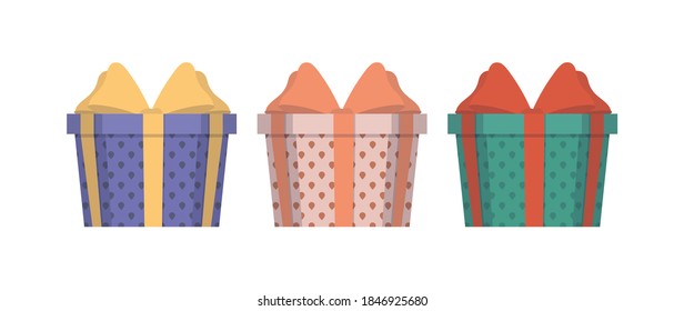 Set of multi-colored gifts in a flat style. Gift boxes. Suitable for designs on the theme of New Year, birthday or Valentine's Day. Isolated. Vector.