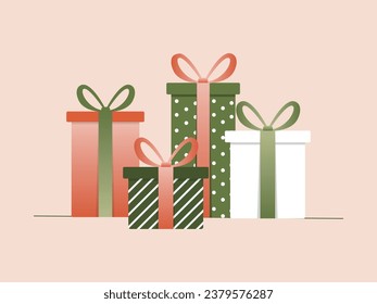 Set of multi-colored gifts in a flat style. Gift boxes. Suitable for designs on the theme of New Year, birthday or Valentine's Day. Vector illustration