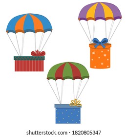 set of multi-colored gifts on a parachute isolated on a white background, color vector illustration, clipart, design, decoration