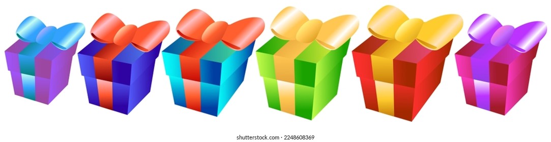 Set of multi-colored gifts on a white background. Boxes with bows in vector format. Holiday decorations for banners, discounts, sales.