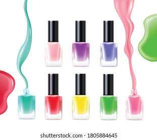 A set of multicolored glass bottles of nail polish. Colorful nail polish for fashion and beauty manicure. Vector 3d realistic illustration isolated on a white background