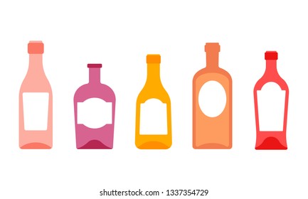 Set of multicolored glass bottles: red, pink, yellow. Bottles for alcohol, oil or a magic potion.