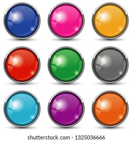 Set of multicolored glass buttons with shadow isolated on white background. Vector Illustration