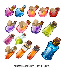 Conjunto de frascos de vidrio multicolores y botellas con esencias mágicas. Ilustración vectorial.