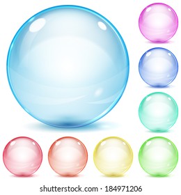 Set of multicolored glass spheres with shadows on white background