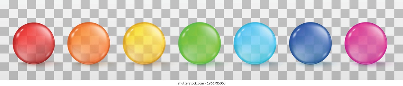 Set of multicolored glass transparent spheres, shiny balls or circle beads. Round glossy bubbles on checkered background. Vector realistic 3d illustration.