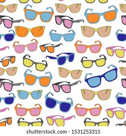 Set of multi-colored glasses on a white background. Seamless pattern. Fashion print. Accessories Eye protection.