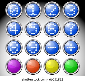 Set of multicolored glasses round buttons with digits-symbols in metallic frame. Vector illustration.