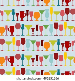 Set of multicolored glasses. Silhouettes. Seamless pattern. Vector illustration