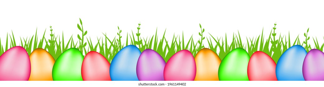 A set of multi-colored glossy Easter eggs in the grass located at the bottom. 12 colored eggs on an isolated background. Easter, the symbol of the holiday. Stock illustration EPS 10