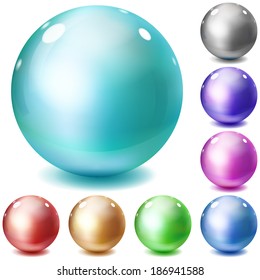 Set of multicolored glossy spheres with shadows on white background