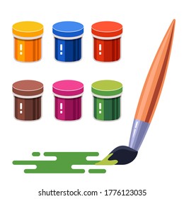 Set of multi-colored gouache paints. paint brush on paper. Flat vector illustration isolated on white background.