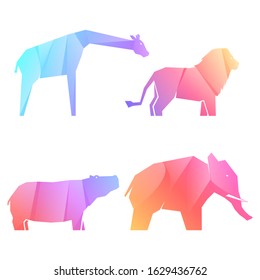 Set of multi-colored gradient african animals in different poses, lion and hippo, elephant and giraffe, vector illustration