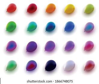 Set of multicolored gradient balloons with threads on white background. Vector festive illustration.