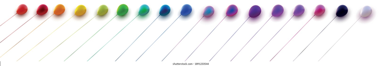 Set of multicolored gradient balloons with threads on white background. Vector festive illustration.