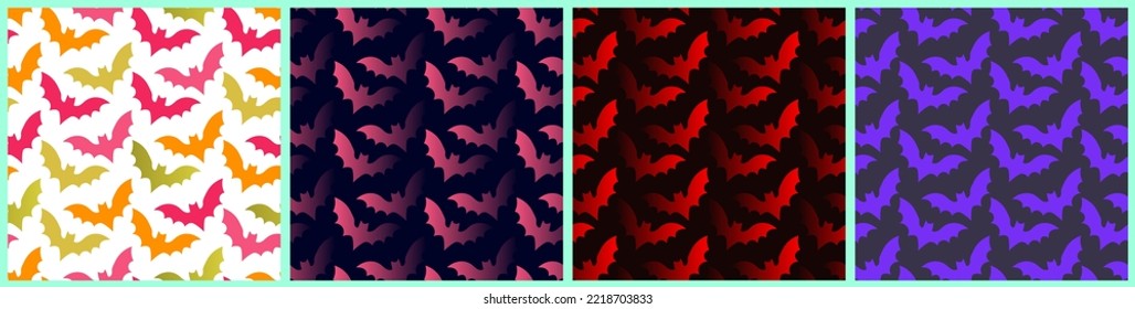 Set of Multicolored and gradient Bat pattern. Seamless Colorful Bat pattern isolated on white background. Gradient Bats on dark background. Neon bat pattern. Repeatable Vector Illustrations. EPS 10.