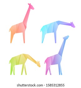 Set of multi-colored gradient giraffes in different poses, vector illustration
