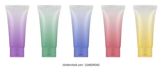 Set of multicolored gradient tubes. 3d mockup. Rainbow palette. Purple, blue, green, yellow and red colors. Hand cream, mask or lotion. Professional shampoo. Plastic bottle.