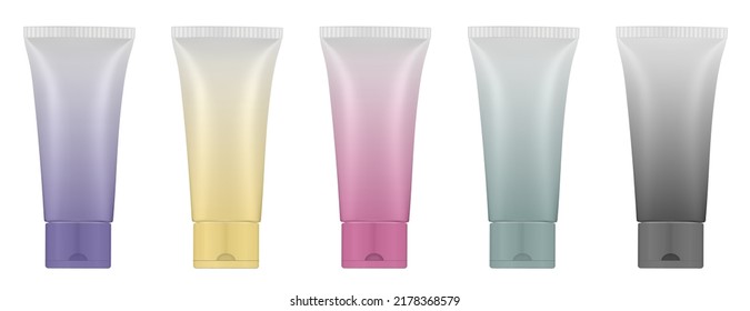 Set of multicolored gradient tubes. 3d mockup. Rainbow palette. Purple, black, green, yellow and red colors. Hand cream, mask or lotion. Professional shampoo. Plastic bottle.