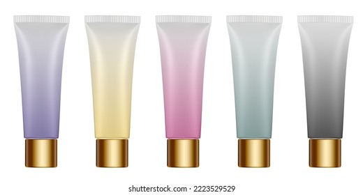 Set of multicolored gradient tubes. 3d mockup. Rainbow palette. Purple, black, green, yellow and red colors. Hand cream, mask or lotion. Professional shampoo. Gold cap. Plastic bottle.