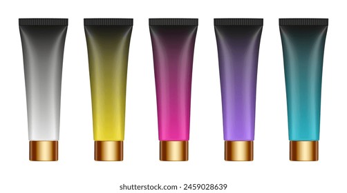 Set of multicolored gradient tubes. 3d mockup. Rainbow palette. Purple, black, green, yellow and blue colors. Hand cream, mask or lotion. Gold cap. Plastic bottle.
