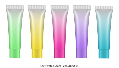 Set of multicolored gradient tubes. 3d mockup. Rainbow palette. Purple, blue, green, yellow and pink colors. Hand cream, mask or lotion. Professional shampoo. Plastic bottle.