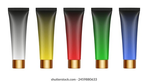 Set of multicolored gradient tubes. 3d mockup. Rainbow palette. Blue, black, green, yellow and red colors. Hand cream, mask or lotion. Gold cap. Plastic bottle.