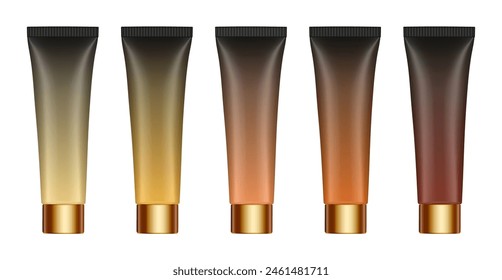 Set of multicolored gradient tubes. 3d mockup. Beige, gold, bronze, brown and black colors. Hand cream, mask or lotion. Gold cap. Plastic bottle.