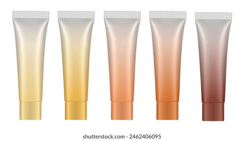 Set of multicolored gradient tubes. 3d mockup. Rainbow palette. White, gold beige, yellow and brown colors. Hand cream, mask or lotion. Professional shampoo. Plastic bottle.