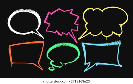 Set of multi-colored graffiti speech bubbles in spray-paint style. Vector illustrations on a black background
