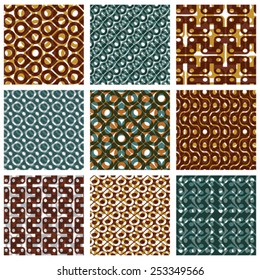 Set of multicolored grate seamless patterns with parallel ribbons and geometric figures, transparent symmetric bright wavy tiles, infinite geometric surface textures with diamonds and squares