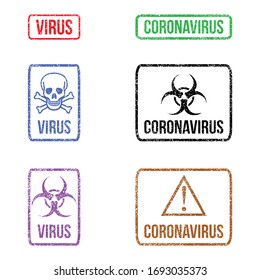 Set of multicolored grunge biohazard rubber rubber stamps, vector.
