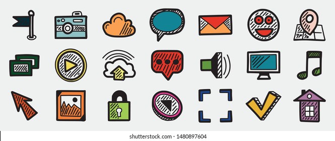 Set of multicolored hand drawn internet icons, web concepts isolated on white. Map pointer, flag, cloud computing, email, smile emoji, photo, lock, tick, home, mouse pointer, sound music and other