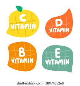 Set of multicolored hand drawn speech bubbles. Vitamin C, D, B, E. Vector illustrations on white background. 