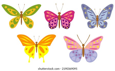 Set of multi-colored hand-drawn butterflies. Vector isolated elements on the white background.