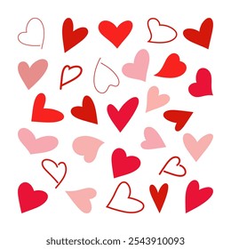 A set of multicolored, hand-drawn icons in the shape of a heart, silhouette, isolated on a white background. Decorative festive element for valentines, weddings, confessions, postcards. 