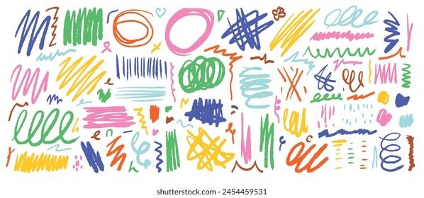 A set of multicolored hand-drawn lines, strokes, sketches, stripes, scratches on a white background. Doodles, textured design elements.