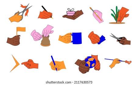 Set of multicolored hands holding various items, business papers, money, scissors, pens, brushes, globe, flag, gift, pottery jar and gestures. Colored flat graphic illustration isolated on white