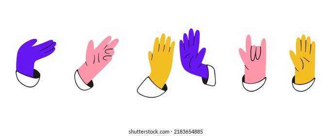 Set of multicolored hands. Hands with various gestures. Rock, high five, hello, holding hand. Vector illustration of palms isolated on a white background