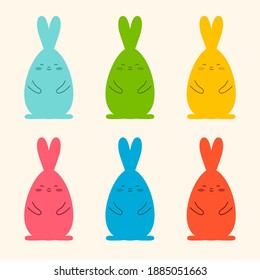 Set of multi-colored hares. Chubby rabbits. Colorful vector illustration