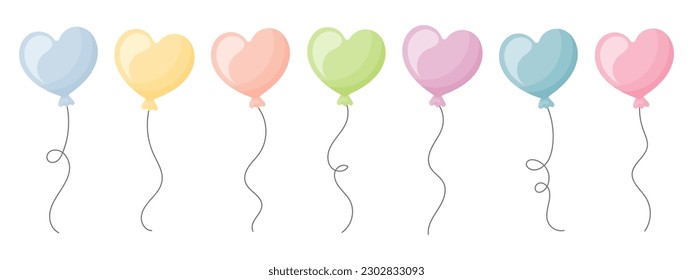 Set of multicolored heart shaped balloons with thread. Festive decor elements, icons, vector