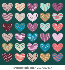 Set of multicolored hearts. Dots, stripes, lines.